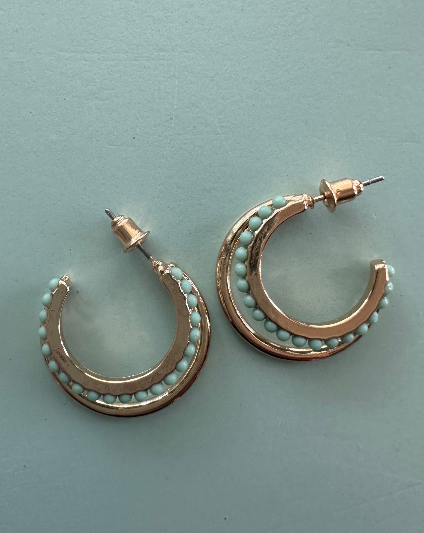 Beaded Double Green Hoops