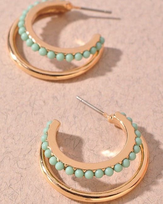 Beaded Double Green Hoops