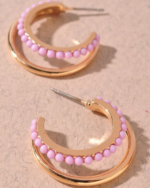 Beaded Lavender Double Hoops