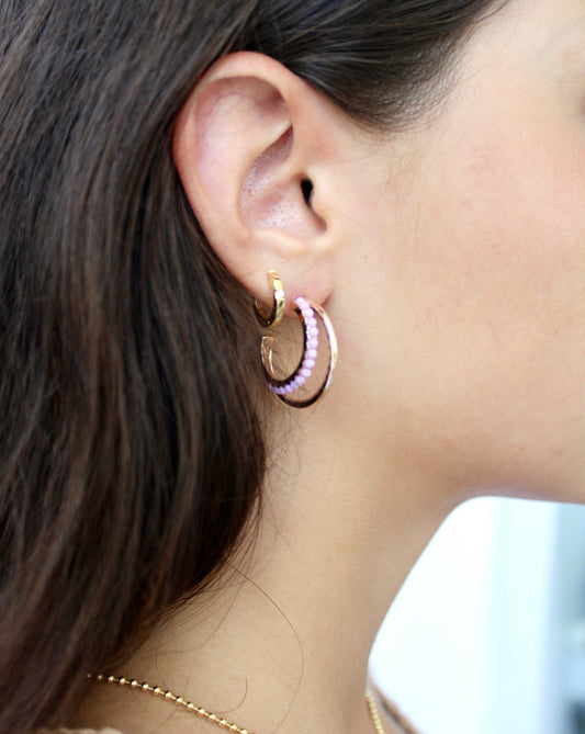 Beaded Lavender Double Hoops